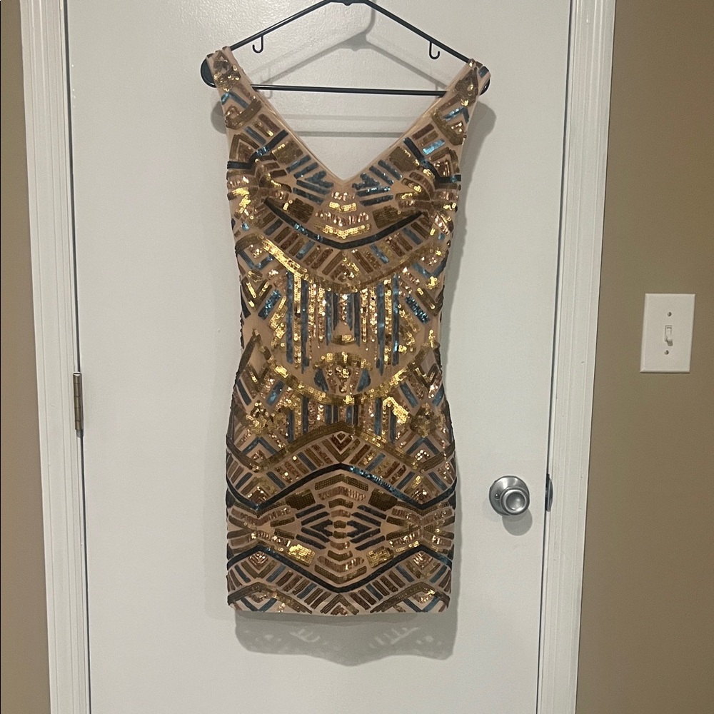bebe Gold and Blue Sequin Mini Dress